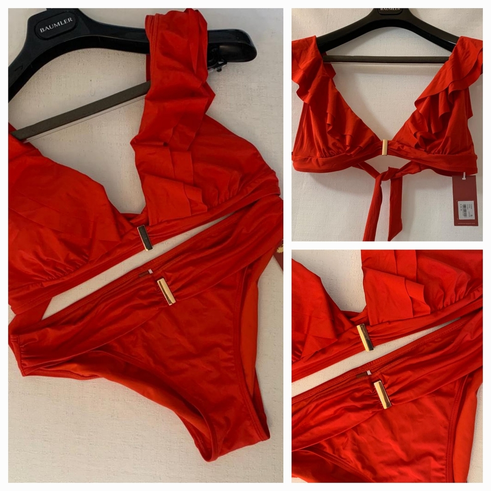 Santemare Red Ruffled Tie-Back Bikini Top and Bottom